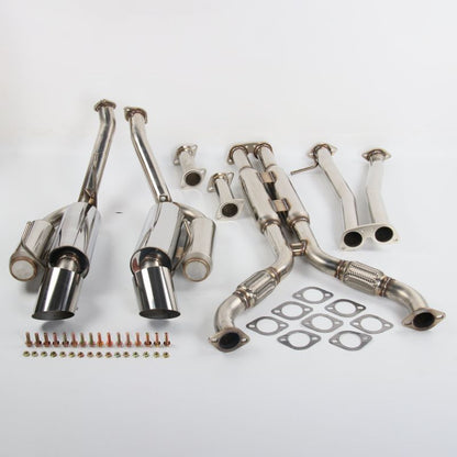 2003-2009 Nissan 350Z/Infiniti G35 Coupe Catback Exhaust - Dual 4.5" Burnt Titanium Tips, 2.5" Mandrel-Bent Piping, X-Pipe Design (Fits VQ35DE/HR Coupes Only)