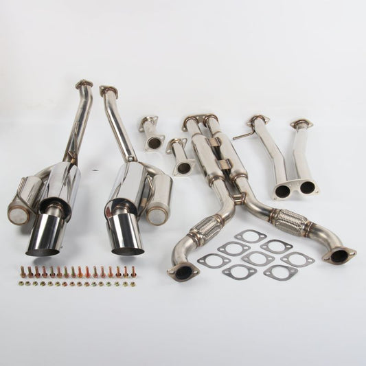 2003-2009 Nissan 350Z/Infiniti G35 Coupe Catback Exhaust - Dual 4.5" Burnt Titanium Tips, 2.5" Mandrel-Bent Piping, X-Pipe Design (Fits VQ35DE/HR Coupes Only)